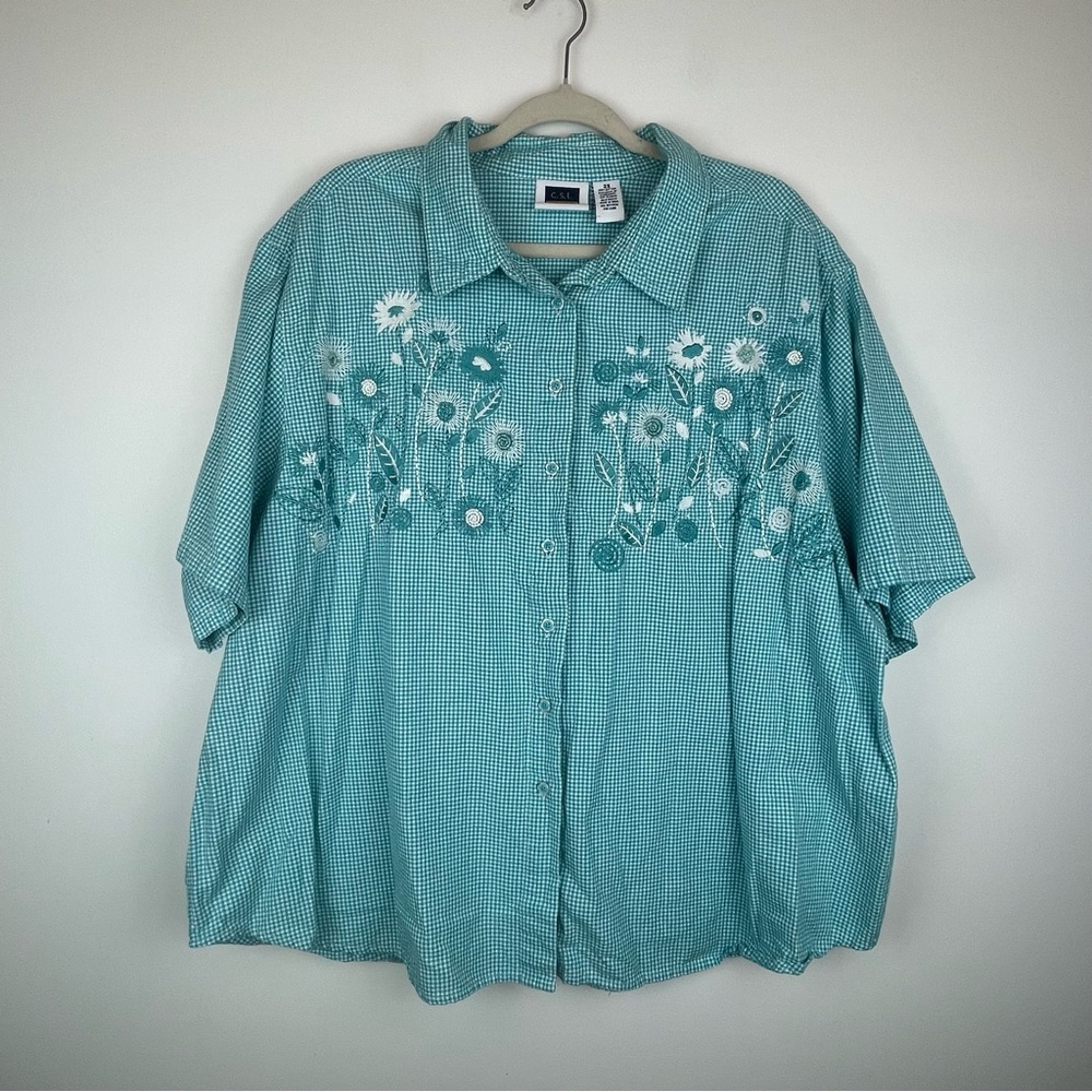 Vintage CST Sport Green Gingham Embroidered Button Down Shirt Women’s 3X